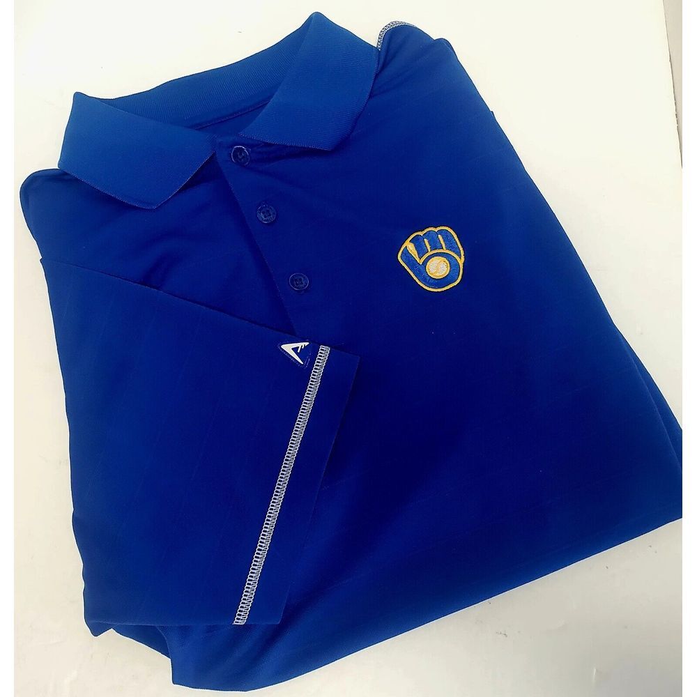Milwaukee Brewers Polo Antigua Golf Shirt M Baseball Rib Royal Blue/White/Gold